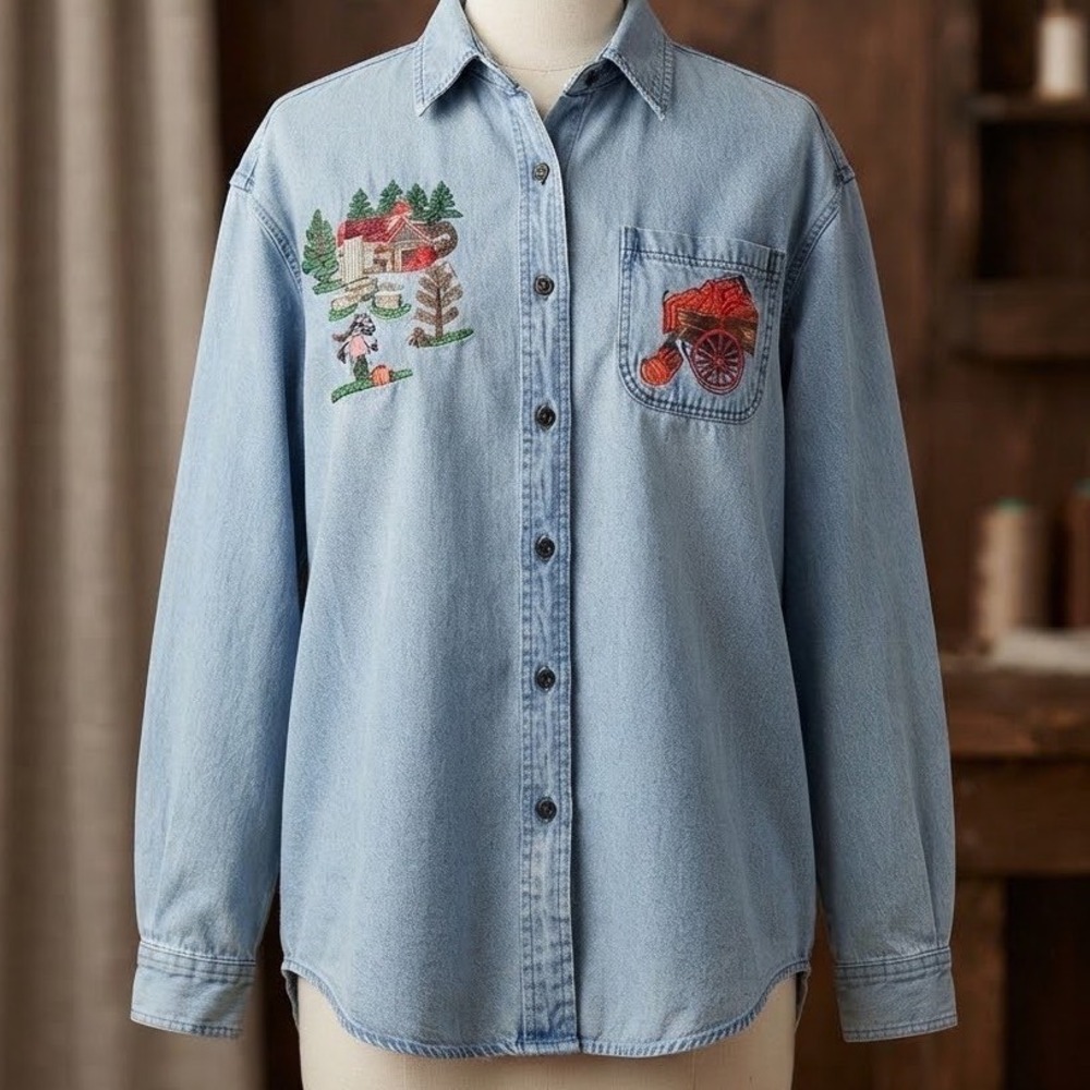 Solutions Original Denim Shirt Womens Large Embroidered Farm Pumpkin Fall Blue